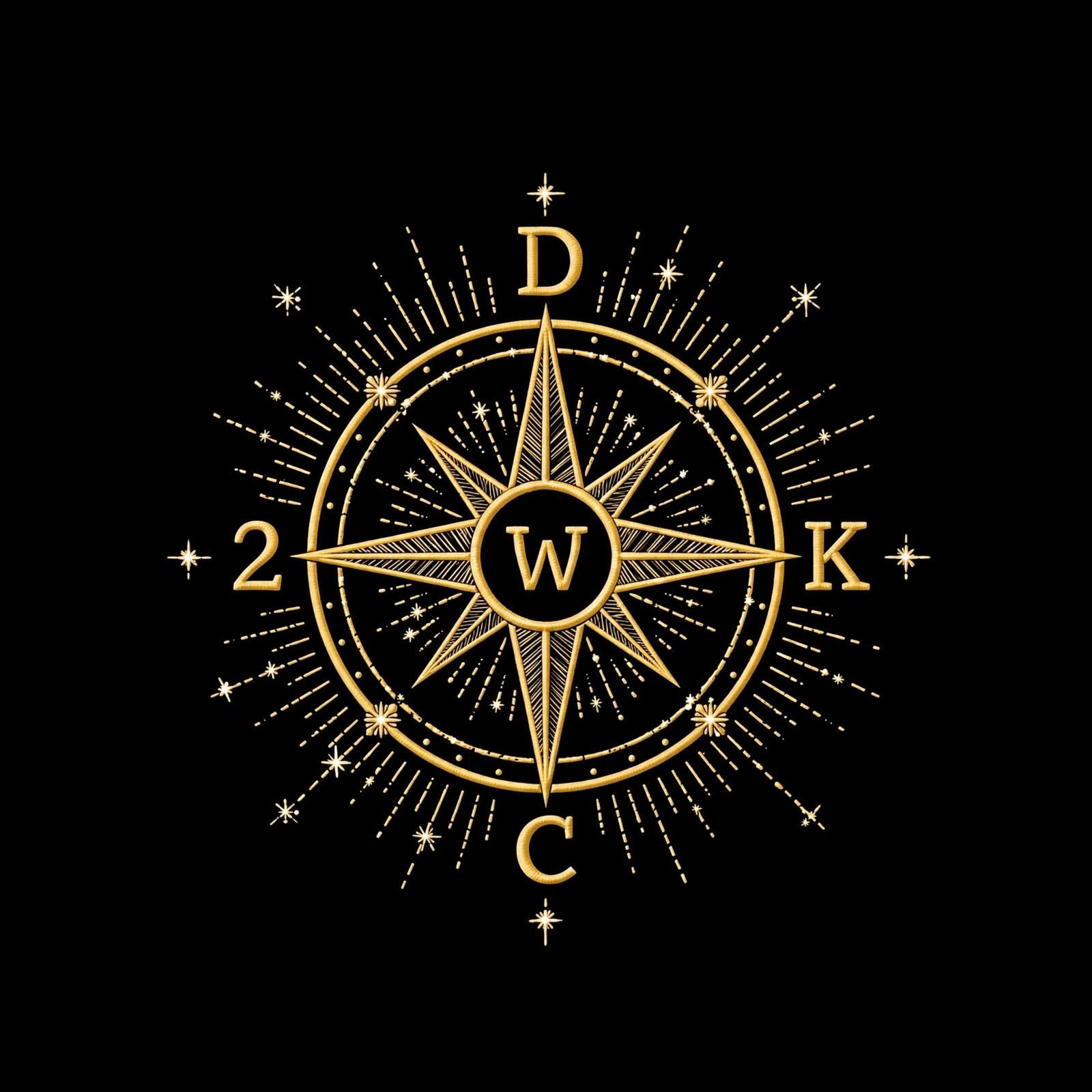 Gold compass rose emblem — D, 2, K, C around a W